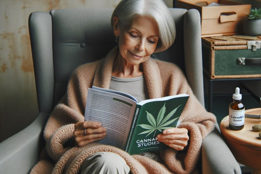 Starsza kobieta trzymająca książkę o marihuanie