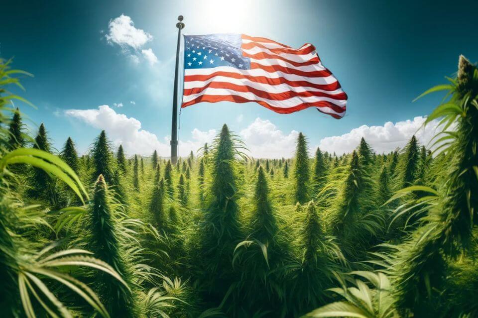 Machanie amerykańską flagą na polu marihuany