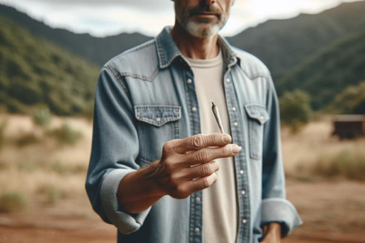 Mężczyzna w średnim wieku trzymający marihuanę