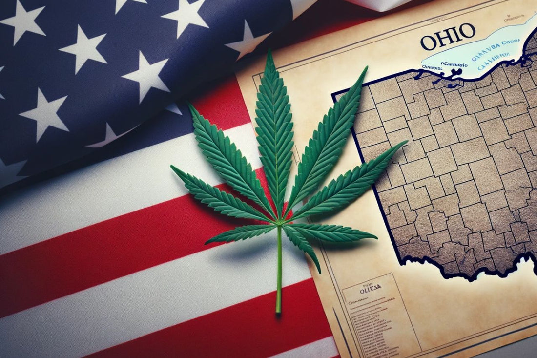 Liść marihuany, flaga USA, mapa Ohio