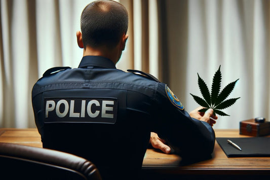 Policjant trzymający liść marihuany