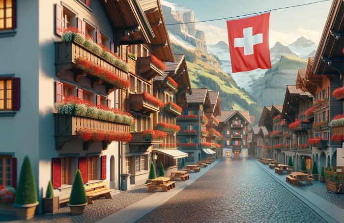 Machanie szwajcarską flagą w małym miasteczku w Szwajcarii