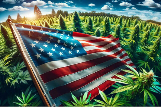 Flaga na środku pola marihuany